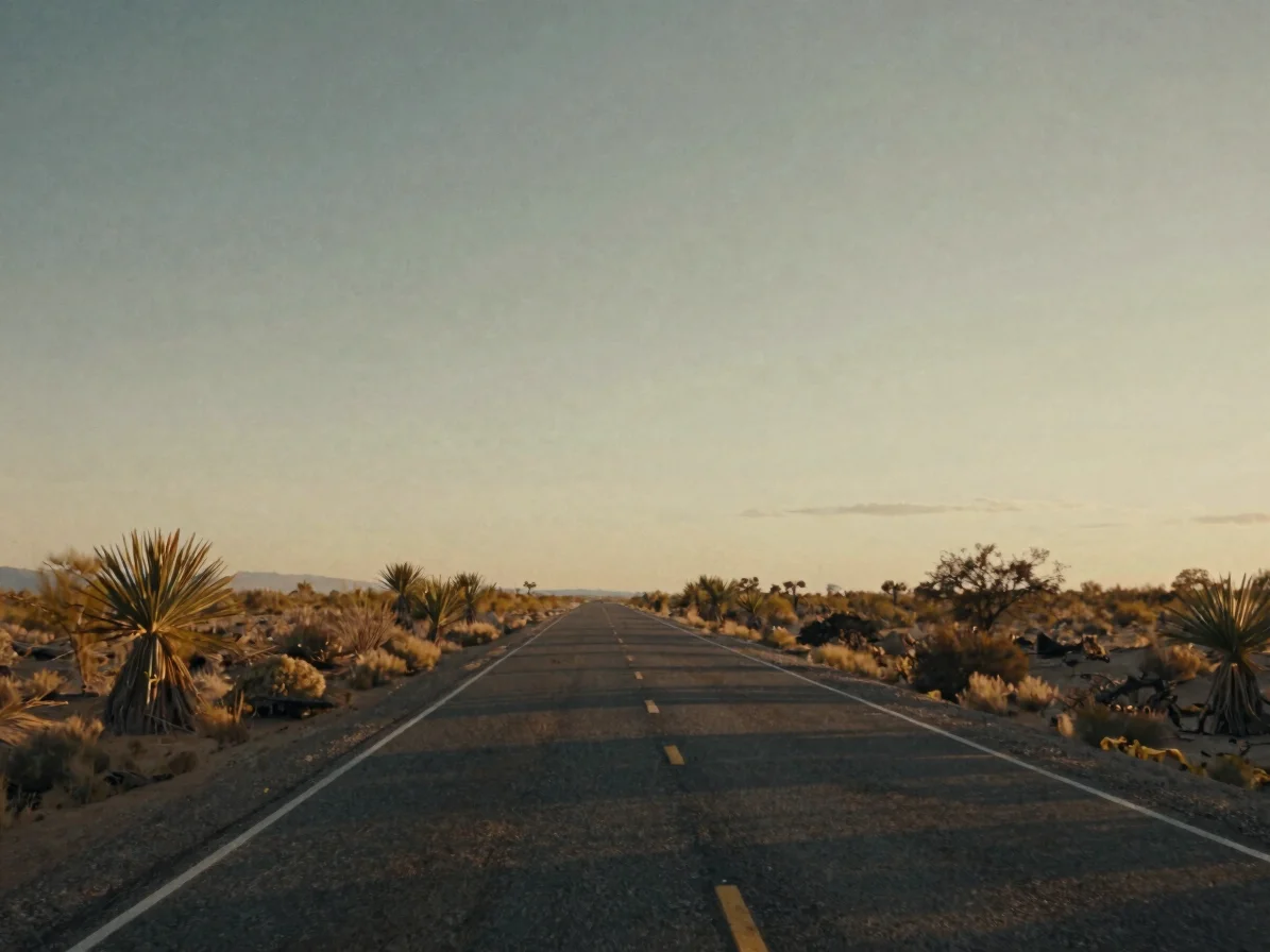 Cinematic editorial photo of a lonely two-lane highway through We