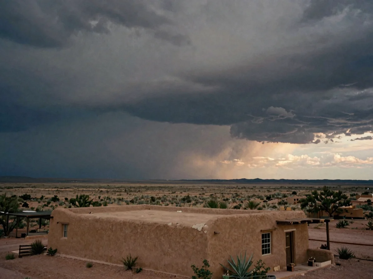 Overcast storm front rolling over a flat New Mexico plain at dusk