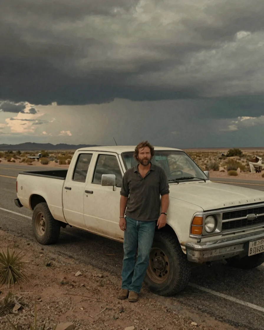 Cinematic editorial portrait of a man in his thirties standing be