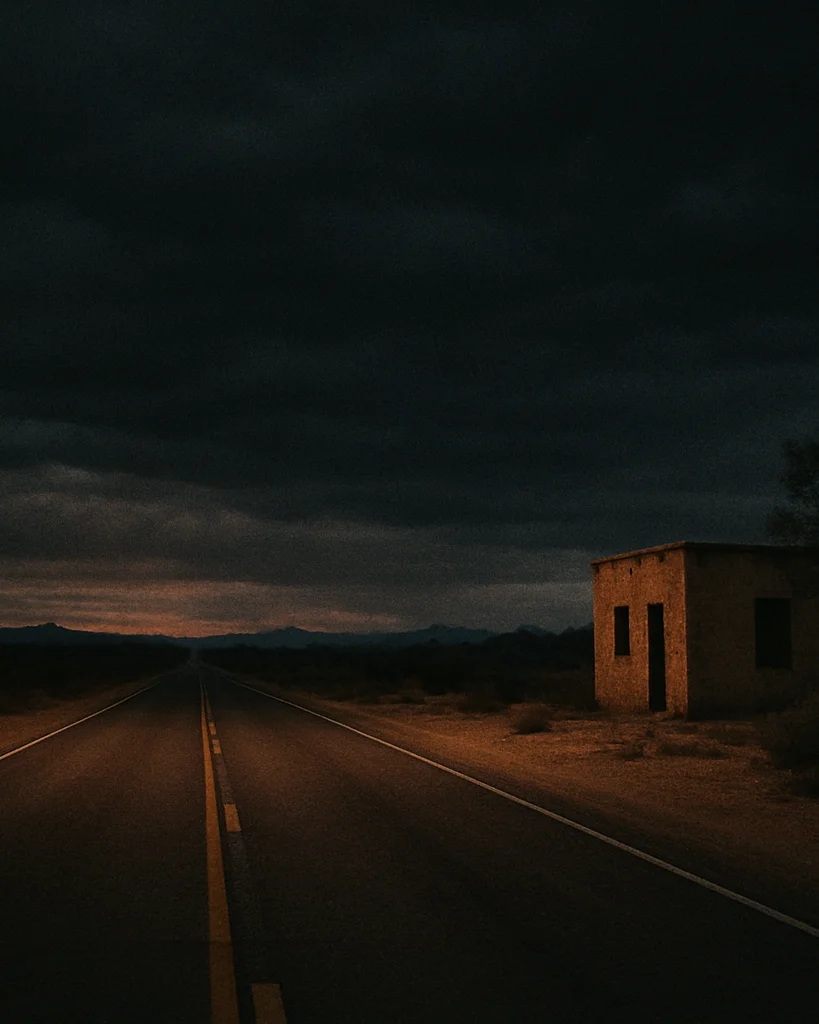 Cinematic 35mm wide shot of a two-lane desert highway at dusk und